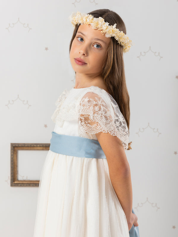 FIRST COMMUNION DRESS WITH BLUE LACE BOW