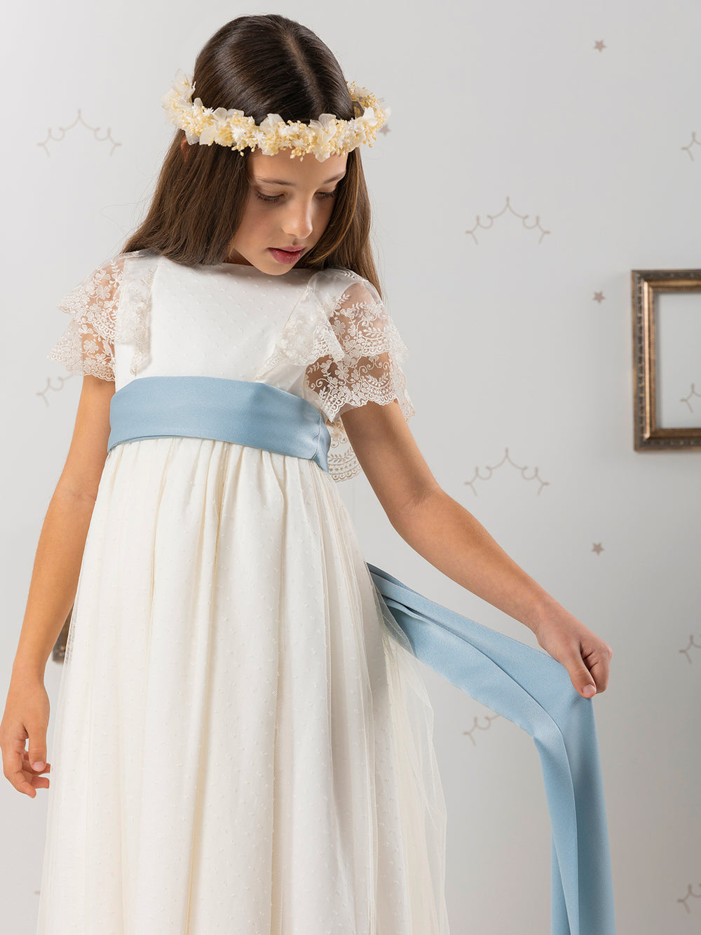 FIRST COMMUNION DRESS WITH BLUE LACE BOW