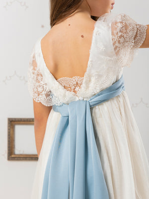 FIRST COMMUNION DRESS WITH BLUE LACE BOW