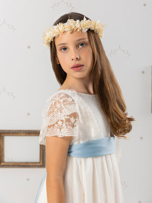 FIRST COMMUNION DRESS WITH BLUE LACE BOW