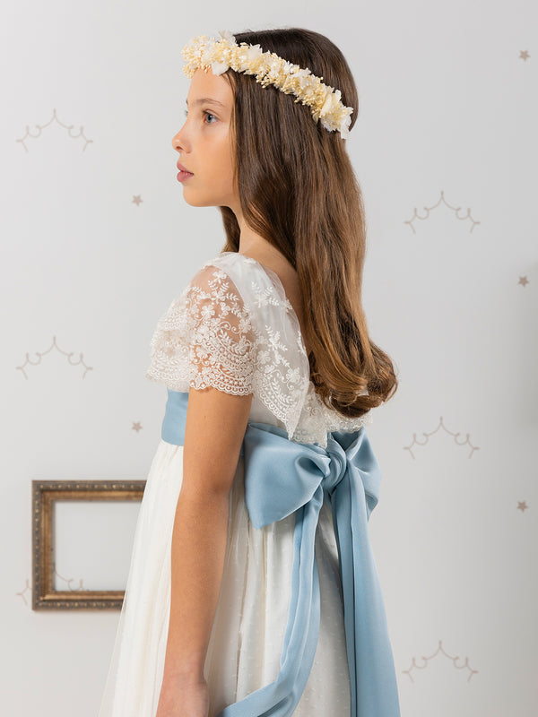 FIRST COMMUNION DRESS WITH BLUE LACE BOW