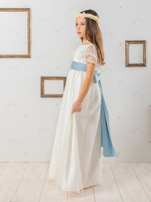 FIRST COMMUNION DRESS WITH BLUE LACE BOW