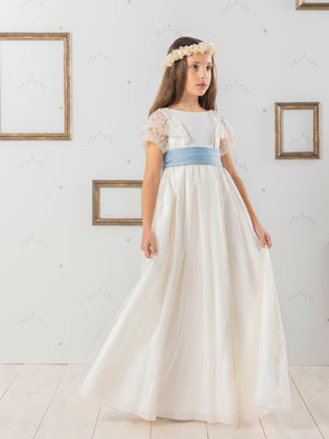 FIRST COMMUNION DRESS WITH BLUE LACE BOW