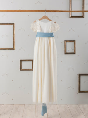 FIRST COMMUNION DRESS WITH BLUE LACE BOW