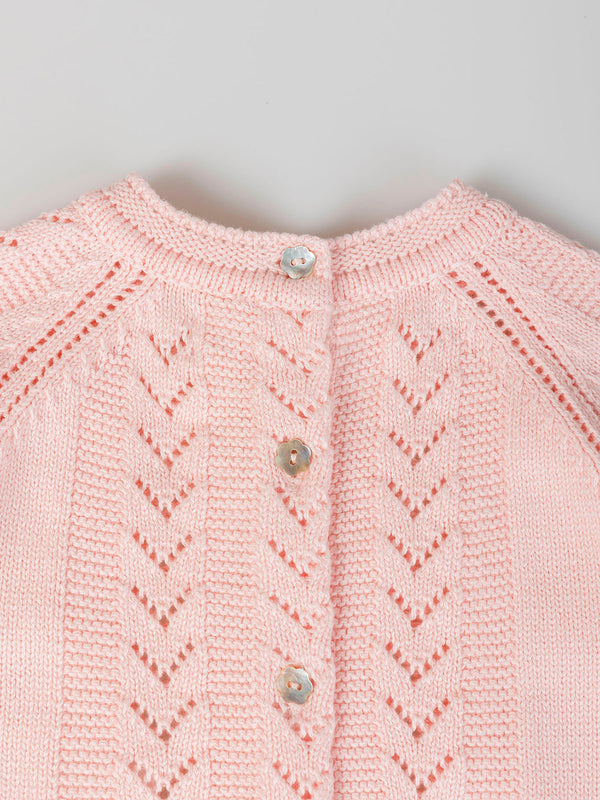 LIGHT PINK OPENWORK LINKS RAGLAN SLEEVE KNITTED JERSEY