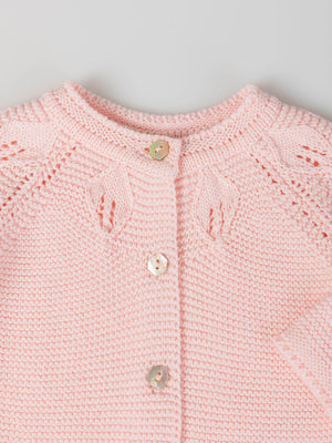 OPENWORK KNITTED CARDIGAN WITH LIGHT PINK COLLAR