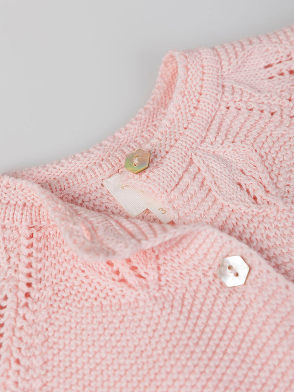 OPENWORK KNITTED CARDIGAN WITH LIGHT PINK COLLAR