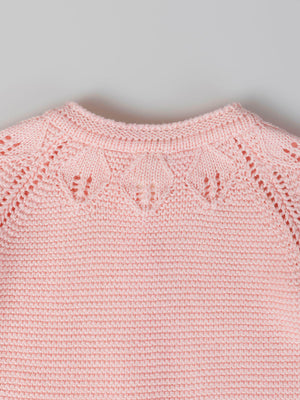 OPENWORK KNITTED CARDIGAN WITH LIGHT PINK COLLAR