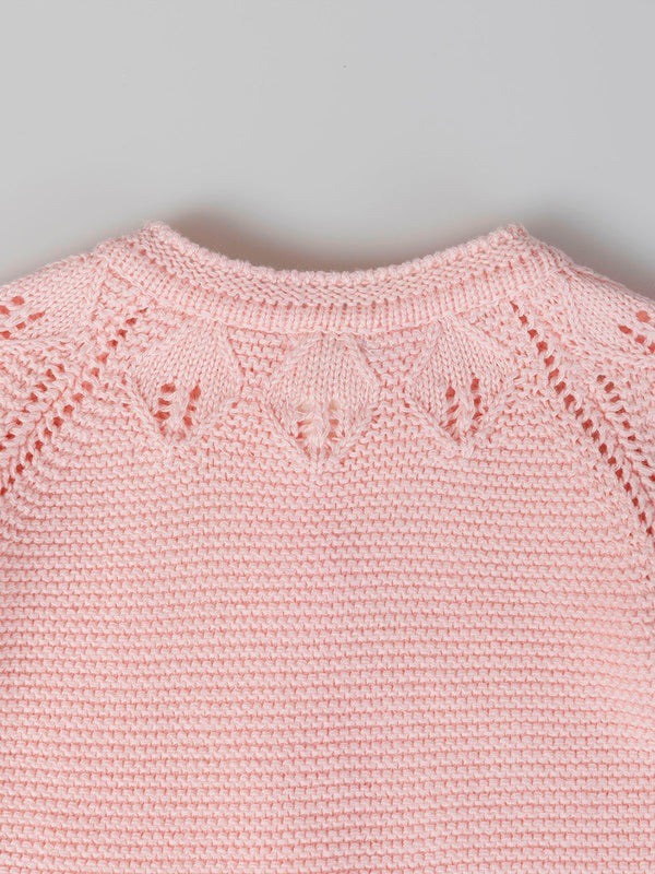 OPENWORK KNITTED CARDIGAN WITH LIGHT PINK COLLAR