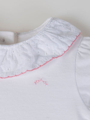 SHORT SLEEVE T-SHIRT WITH CREAM EMBROIDERED FABRIC NECK