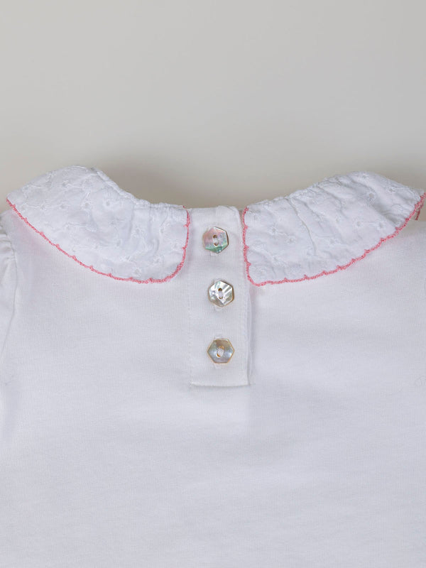 SHORT SLEEVE T-SHIRT WITH CREAM EMBROIDERED FABRIC NECK