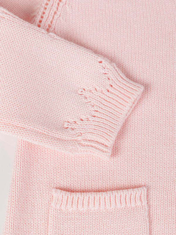 OPENWORK KNITTED CARDIGAN WITH PINK EMBROIDERY SLEEVES