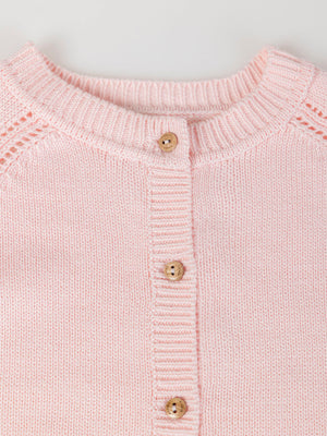 OPENWORK KNITTED CARDIGAN WITH PINK EMBROIDERY SLEEVES