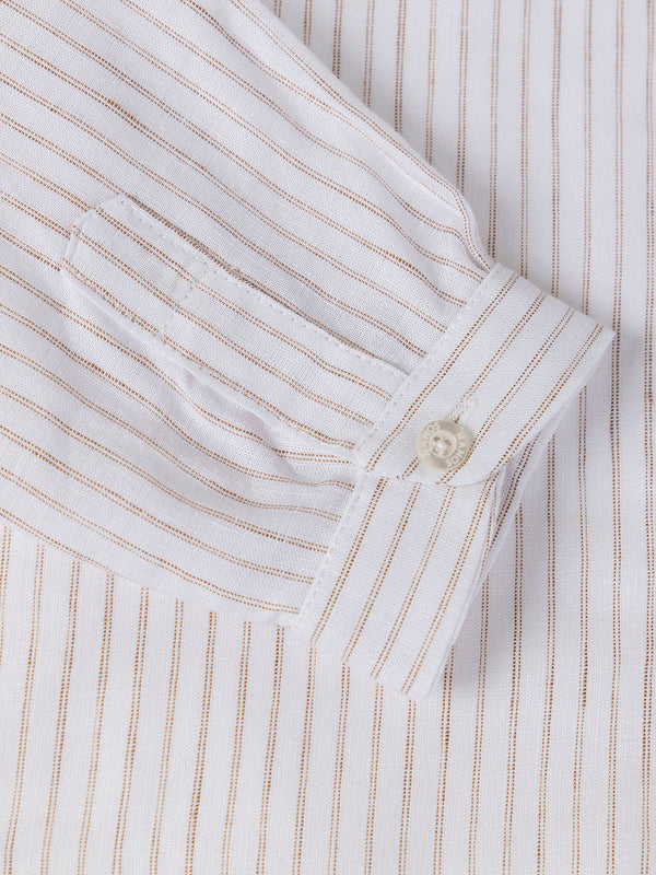 STRIPED LINEN SHIRT WITH HAZELNUT MAO COLLAR