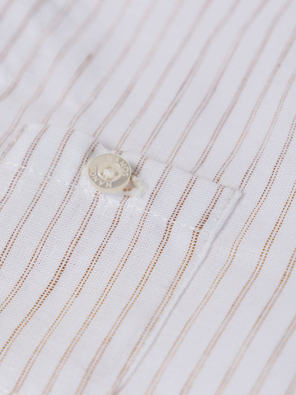 STRIPED LINEN SHIRT WITH HAZELNUT MAO COLLAR