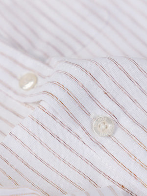 STRIPED LINEN SHIRT WITH HAZELNUT MAO COLLAR